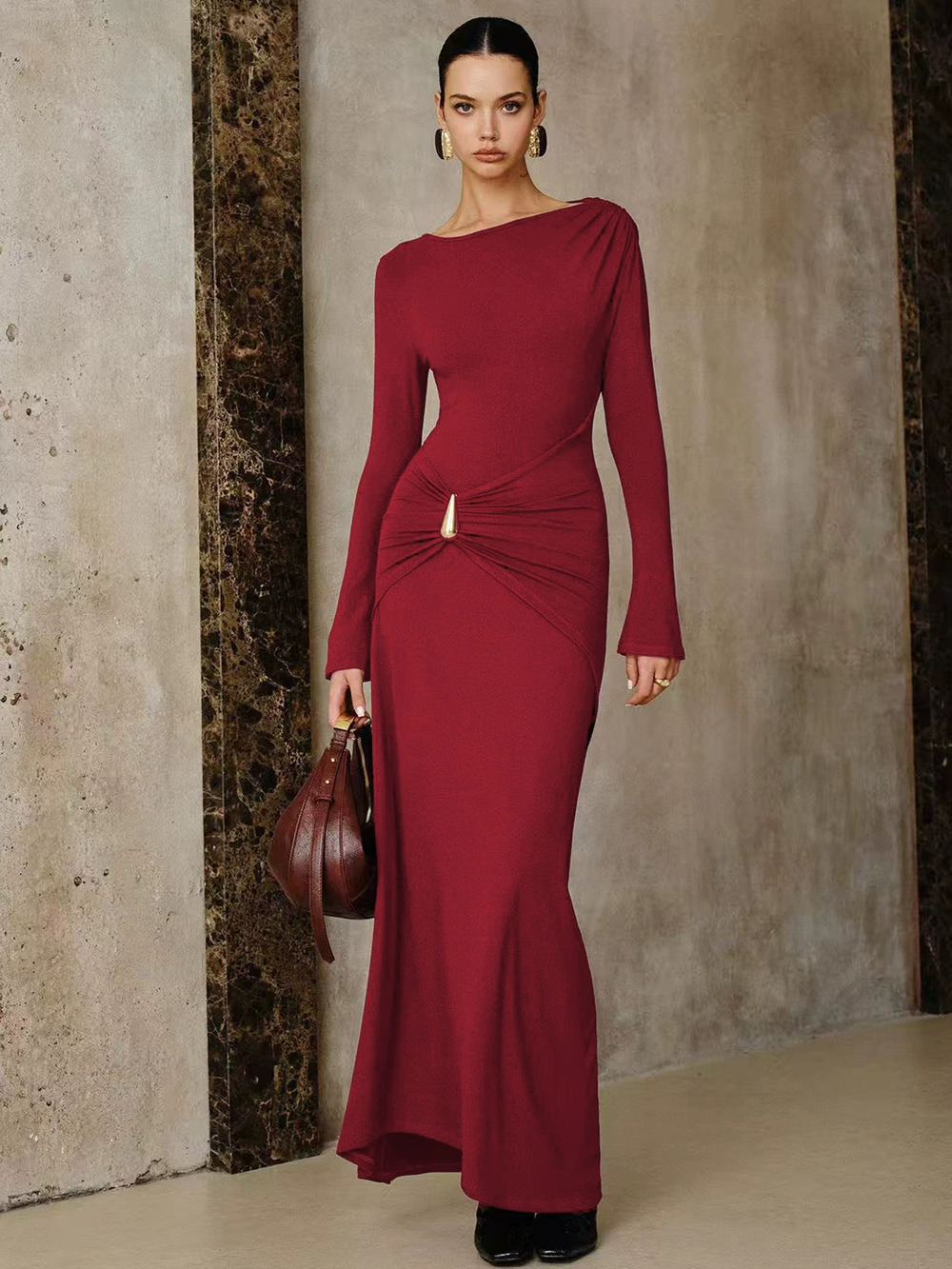 ZARA Elegant Wine Red Slim Fit Maxi Dress with Metal Accents